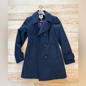 Anne Klein Wool Blend Coat XS | Black Tailored Coat with Magenta Satin Lining